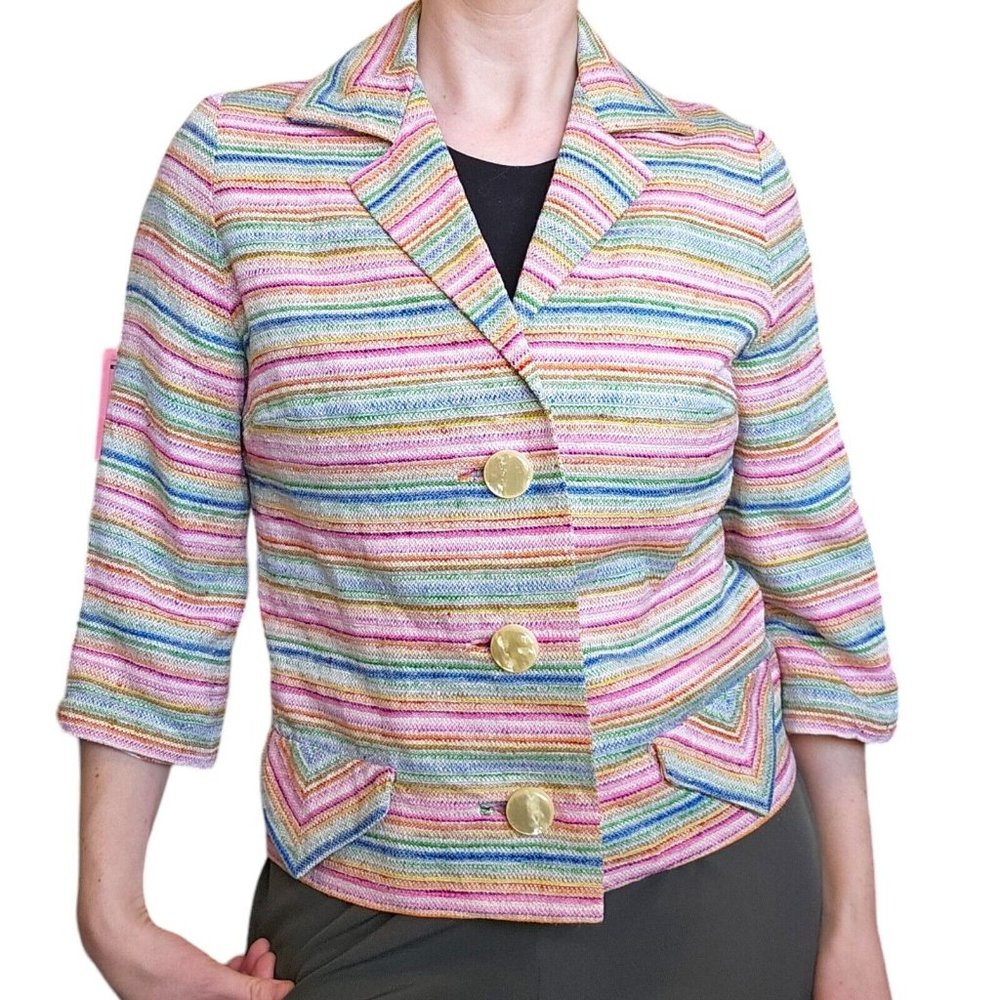 Vintage 60s 70s‎ Rainbow Striped Blazer Jacket Small Big Buttons Colorful Pink - Picture 2 of 14